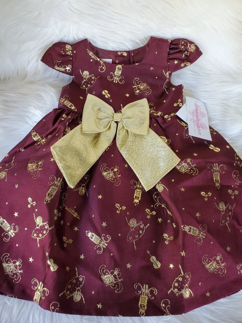 Bonnie Jean Burgundy Metallic Bow Christmas Metallic Print Dress SZ 3T